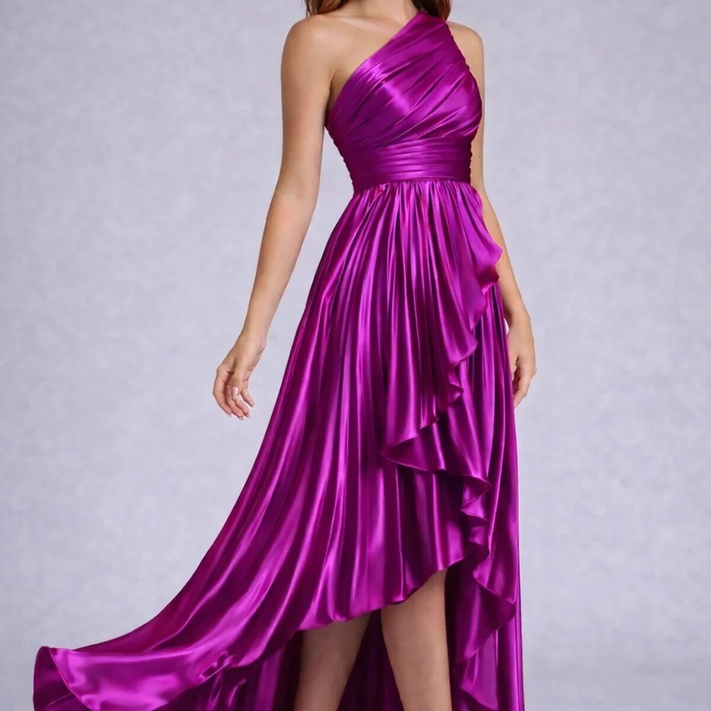 One-Shoulder Fuchsia Ruffled High-Low Evening Gown - Picture 5 of 5